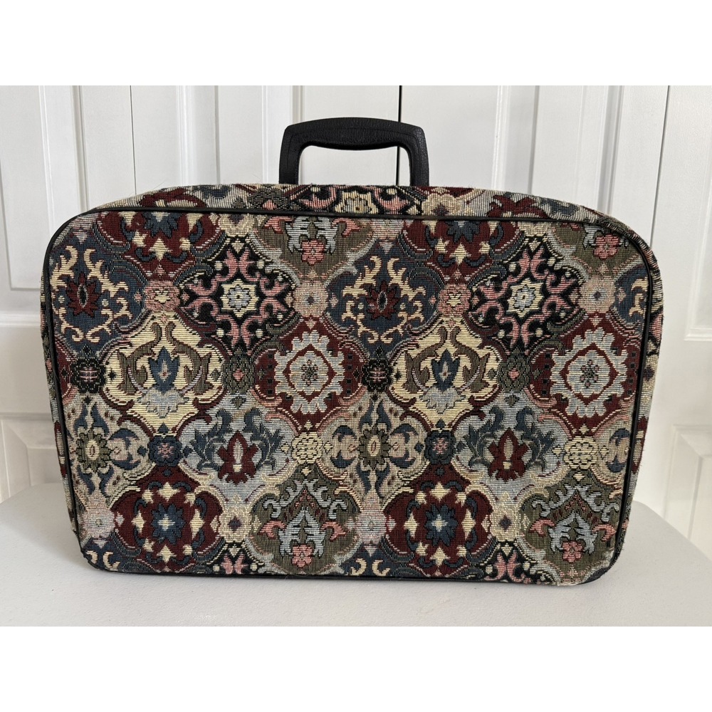Vintage 70's Suitcase  Bantam Travelware Floral Tapestry MCM Teal Cream Burgundy